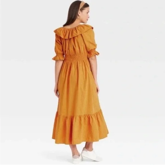 Universal Thread Marigold Cottagecore Midi Dress with Ruffles 100% Cotton - Picture 1 of 8